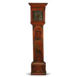 A George III red lacquered and Japanned long cased clock by William Sutherland, the hood with