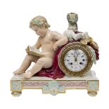 A Meissen porcelain mantle clock, third quarter 19th century, modelled with a putto reading a French