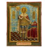 A Russian icon of St. Alexander Nevsky, 19th Century, depicted in armour and royal robes holding a