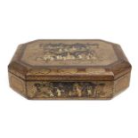 A large Chinese export lacquer work box, early 19th century, of canted rectangular form, the lid