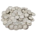 A large collection of silver 5 Franc coins (1960-1969) together with three 10 Franc coins (1965