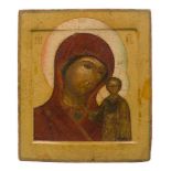 A Russian icon of the Virgin and Child, 19th Century, the Virgin adorned in red garments, the Christ