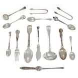 A group of silver flatware to include: a George III silver sifting spoon by Peter and Ann Bateman,