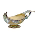 An early twentieth century Russian silver-gilt and cloisonné enamel kovsh, Moscow, 11th artel,