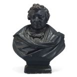 A large English black-painted plaster library bust of a gentleman, 19th century, 70cm highPlease