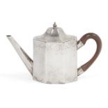 A George III silver tea pot, London, c.1774, Samuel Wood, of octagonal form with curved wood handle,