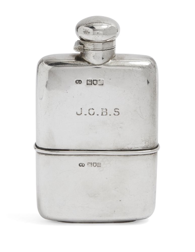 An Edwardian silver hip flask, London, c.1906, Atkin Brothers, with detachable drinking cup and
