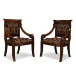 A pair of mahogany Empire style armchairs, late 20th Century, with upholstered back and seat, having