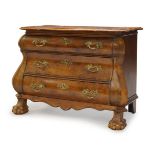 A Dutch walnut bombe commode, late 19th,early 20th Century, the quarter veneered serpentine top,