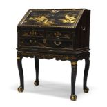 A black Japanned bureau on later stand, 19th Century and later, overall decorated with landscapes,