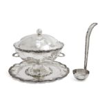 An impressive three-piece Mexican silver serving set, comprising lidded tureen, serving plate and