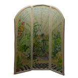 Lindsay Till, a three fold painted screen, late 20th Century, of arched form with upholstered frame,