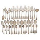 A quantity of Georgian silver flatware comprising: three George III tablespoons, London, c.1798,
