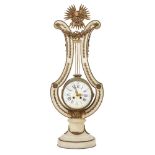 A French gilt-bronze mounted white marble lyre clock, late 19th century, the case with Minerva