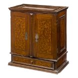 An Italian inlaid collector’s cabinet, 17th century style, of typical form, designed with a pair