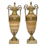 A pair of Italian gilt-metal mounted alabastro fiorito urns and covers, late 19th century, each with