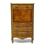 A Louis XV style tulipwood and kingwood secretaire, early to mid 20th Century, of serpentine form,