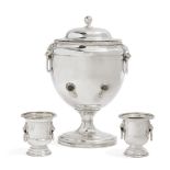 A Regency-style silver plated biscuit urn, of oval form with removable lid, the plain body to twin