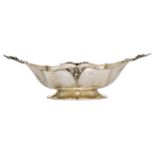 An Italian silver fruit dish, stamped 800, of elongated boat form with scalloped edges and trefoil-