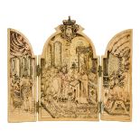 A Dieppe ivory triptych, late 19th century, the central panel depicting a prince swearing an oath of