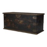 A Queen Anne style black Japanned trunk, late 19th, early 20th Century, overall decorated with