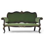 An Italian brown-painted and parcel-gilt canape, second half 18th century, upholstered in sage green