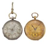Two mid-19th century key-wind pocket watches, comprising: one 18ct. gold, the gilt engine turned