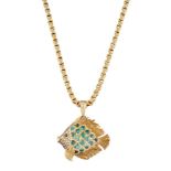 A paraiba tourmaline, diamond and sapphire pendant by Kabana, modelled as a fish with circular-cut