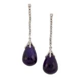 A pair of diamond and amethyst drop earrings, the briolette-cut amethyst drops suspended from a