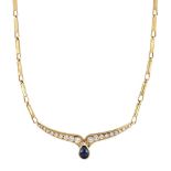A sapphire and diamond necklace, the central pear shaped cabochon sapphire between graduated