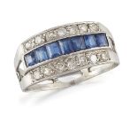 A sapphire and diamond half-hoop ring, the central row of calibre sapphires with single-cut