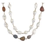 A cultured pearl and gem necklace, composed of a line of baroque cultured pearls with pavé vari-