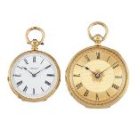 Two 19th century gold fob watches, the first 18ct. gold, the gilt dial with black enamel Roman