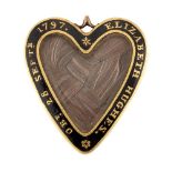 A Georgian mourning locket, of heart form, the glazed front enclosing plaited hair to a gold and