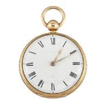 An early 19th century 18ct. gold open-face keyless pocket watch, the white enamel dial with Roman