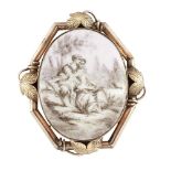 A Victorian gold and enamel brooch, the oval enamel plaque painted to depict a couple in a