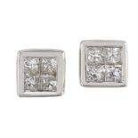 A pair of diamond earstuds, of princess-cut diamond four stone square cluster design, width 0.