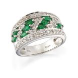 An emerald and diamond half-hoop ring, the front set with alternate diagonal lines of marquise-cut