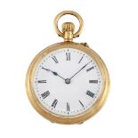 An early 20th century gold open face keyless leverpocket watch, the circular dial with Roman