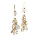 A pair of moonstone drop earrings, composed of multiple oval cabochon moonstone collets, hook