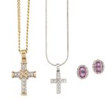 A small group of jewellery, comprising: a pair of oval pink tourmaline and baguette-cut diamond