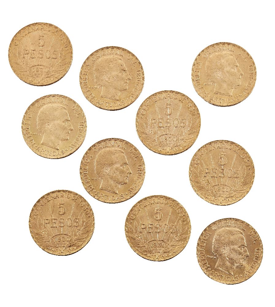 Ten Uruguay gold 5 peso coins, 1930Please refer to department for condition report