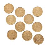 Ten Uruguay gold 5 peso coins, 1930Please refer to department for condition report