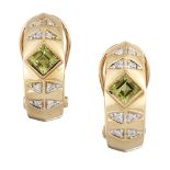 A pair of peridot and diamond earrings, of half-hoop design, each with central square-cut peridot