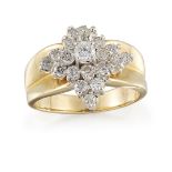 A diamond cluster ring, of brilliant-cut diamond stepped star design to a tapering hoop, ring size