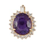 An amethyst and diamond cluster pendant, the single oval mixed-cut amethyst with claw-set