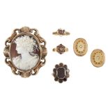 A small group of 19th century jewellery, comprising: two Victorian gold and gem cluster rings, one