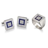 A diamond and lapis lazuli ring and pair of cufflinks, of matching square panel design, each with