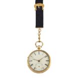 A late 19th century 18ct gold pocket watch, the dial with Roman numerals and subsidiary seconds,