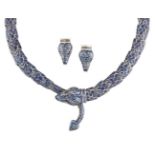 A Mexican enamel-set snake necklace and earrings, the necklace composed of a series of shaded blue